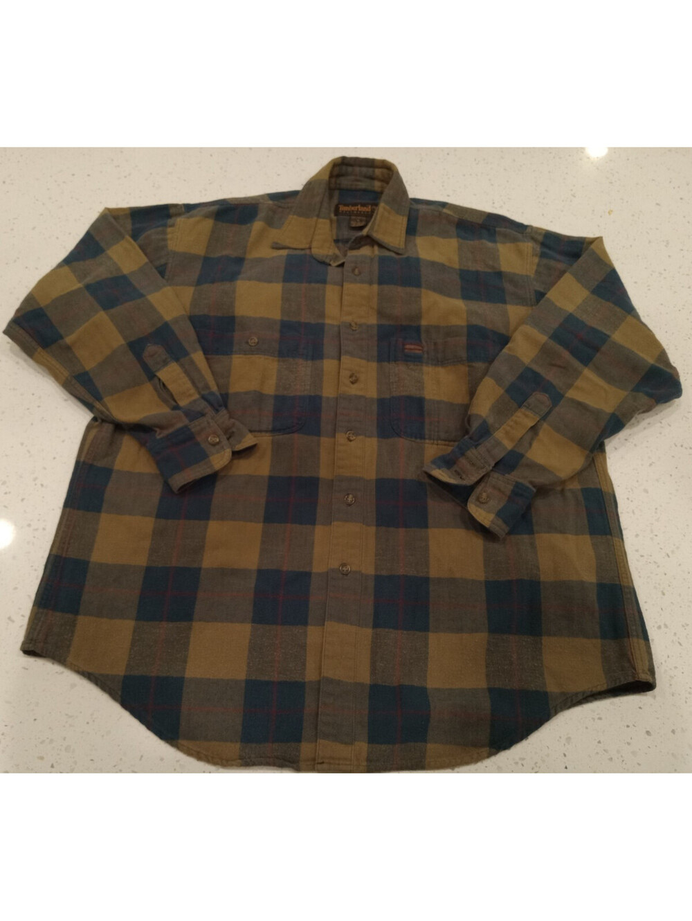 Timberland Flannel Shirt Mens Medium Brown Navy Plaid Long Sleeve Button Down M